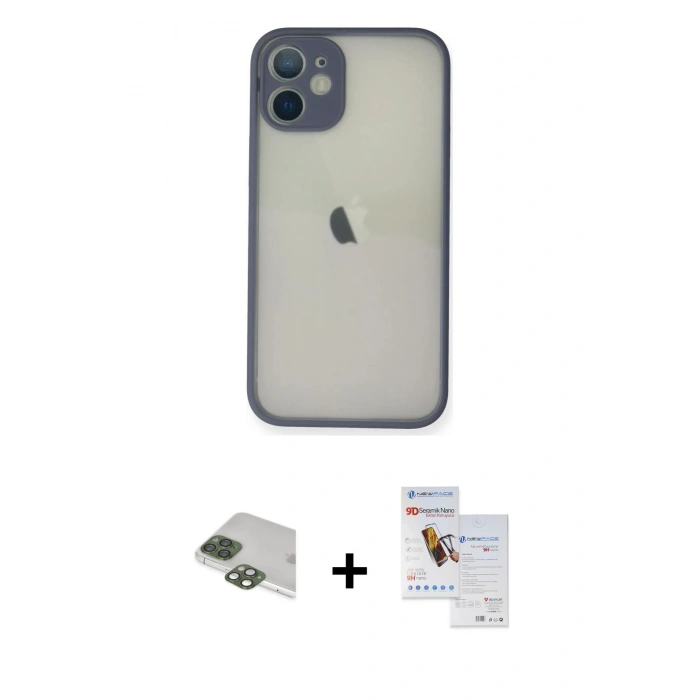 MARSİLYAN™- iPhone 11 Pro Max Kılıf Ahenk Çizgi Serisi - Siyah Seramik Nano Ekran Koruyucu + Yeşil Pers Alüminyum Kamera Lens