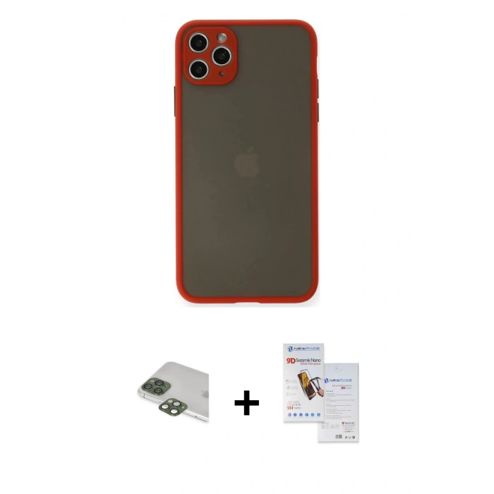 MARSİLYAN™- iPhone 11 Pro Max Kılıf Ahenk Çizgi Serisi - Siyah Seramik Nano Ekran Koruyucu + Yeşil Pers Alüminyum Kamera Lens