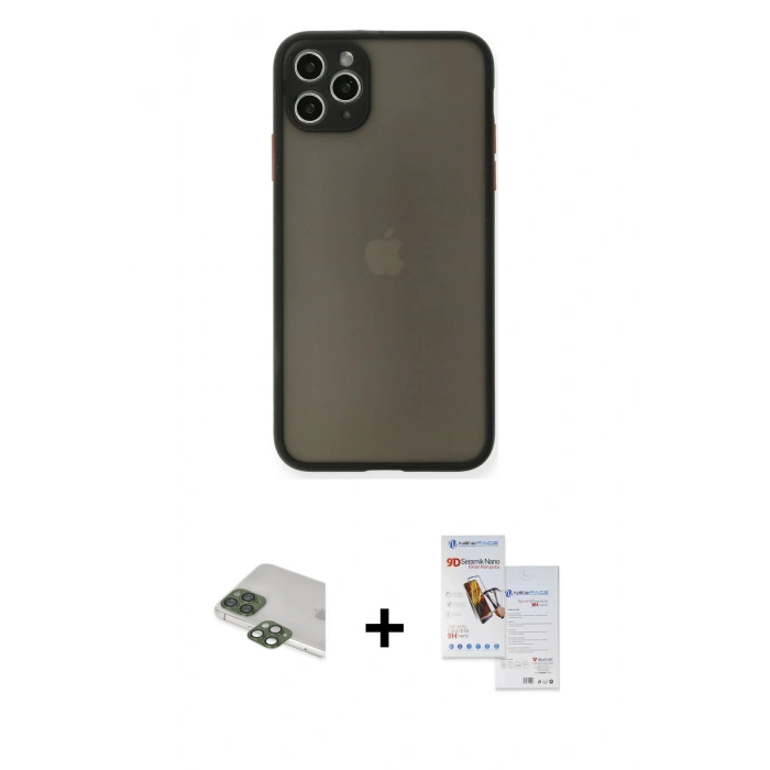 MARSİLYAN™- iPhone 11 Pro Max Kılıf Ahenk Çizgi Serisi - Siyah Seramik Nano Ekran Koruyucu + Yeşil Pers Alüminyum Kamera Lens