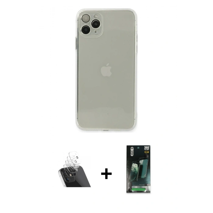 MARSİLYAN™- iPhone 11 Pro Max Kılıf Ahenk Doku - Şeffaf 360 Full Body Arka Koruyucu + Kamera Lens Koruma Cam - SF
