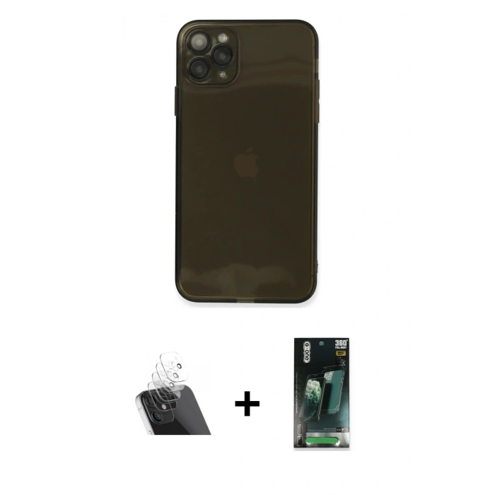 MARSİLYAN™- iPhone 11 Pro Max Kılıf Ahenk Doku - Şeffaf 360 Full Body Arka Koruyucu + Kamera Lens Koruma Cam - SF