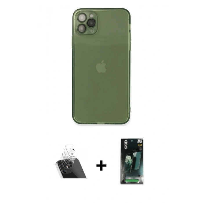 MARSİLYAN™- iPhone 11 Pro Max Kılıf Ahenk Doku - Şeffaf 360 Full Body Arka Koruyucu + Kamera Lens Koruma Cam - SF