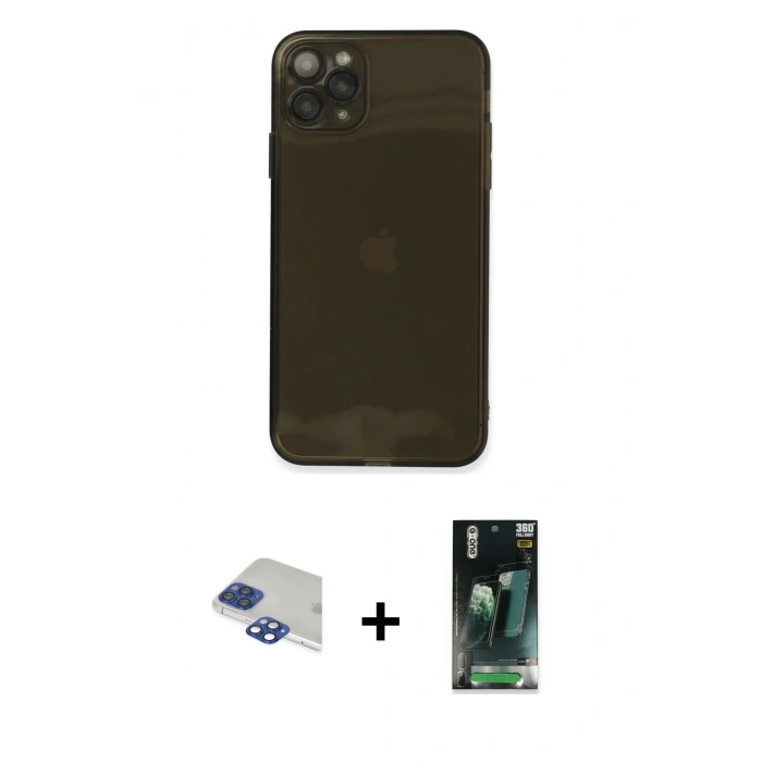 MARSİLYAN™- iPhone 11 Pro Max Kılıf Ahenk Doku - Şeffaf 360 Full Body Arka Koruyucu + Pers Alüminyum Kamera Lens - LT