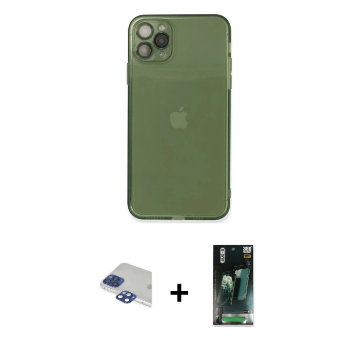 MARSİLYAN™- iPhone 11 Pro Max Kılıf Ahenk Doku - Şeffaf 360 Full Body Arka Koruyucu + Pers Alüminyum Kamera Lens - LT