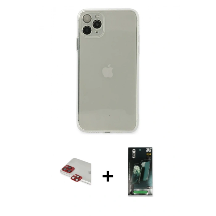 MARSİLYAN™- iPhone 11 Pro Max Kılıf Ahenk Doku - Şeffaf 360 Full Body Arka Koruyucu + Pers Alüminyum Kamera Lens - KI