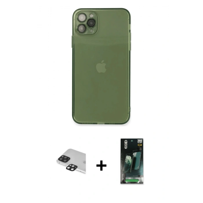 MARSİLYAN™- iPhone 11 Pro Max Kılıf Ahenk Doku - Şeffaf 360 Full Body Arka Koruyucu + Pers Alüminyum Kamera Lens - SH