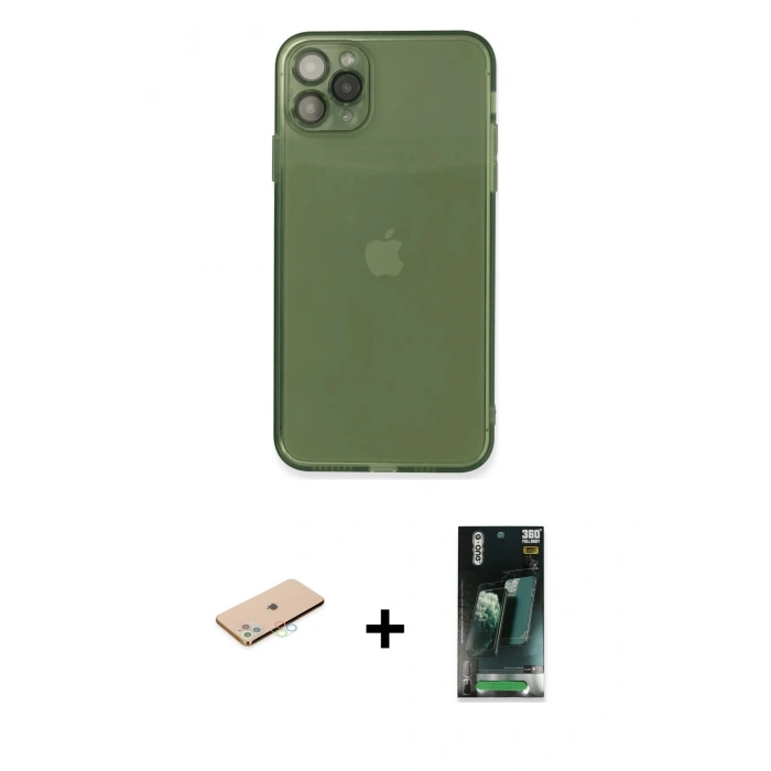 MARSİLYAN™- iPhone 11 Pro Max Kılıf Ahenk Doku - Şeffaf 360 Full Body Arka Koruyucu + Renkli Kamera Lens Koruma Cam - MI