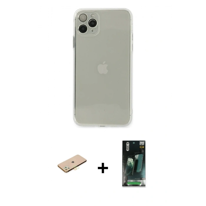 MARSİLYAN™- iPhone 11 Pro Max Kılıf Ahenk Doku - Şeffaf 360 Full Body Arka Koruyucu + Renkli Kamera Lens Koruma Cam - SI