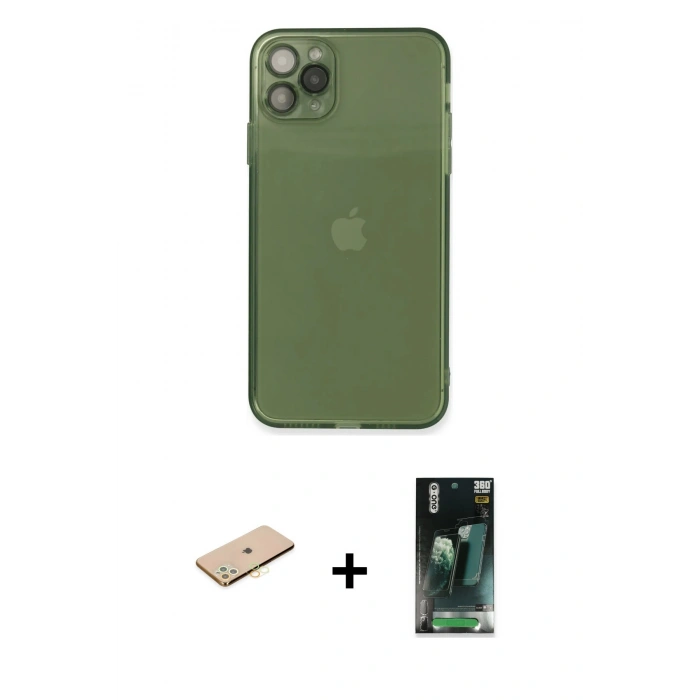 MARSİLYAN™- iPhone 11 Pro Max Kılıf Ahenk Doku - Şeffaf 360 Full Body Arka Koruyucu + Renkli Kamera Lens Koruma Cam - SI