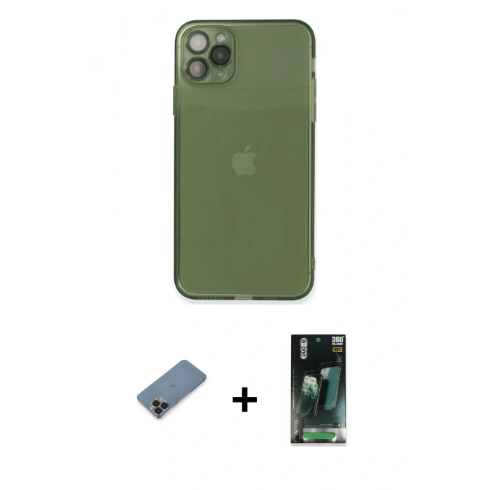 MARSİLYAN™- iPhone 11 Pro Max Kılıf Ahenk Doku - Şeffaf 360 Full Body Arka Koruyucu + Metal Kamera Lens Koruma Cam - SH