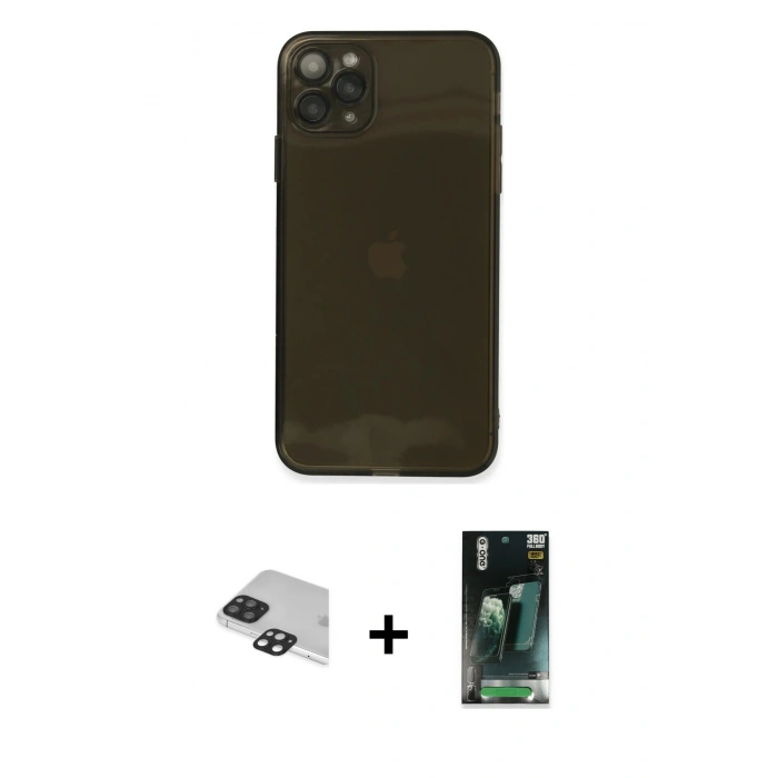 MARSİLYAN™- iPhone 11 Pro Max Kılıf Ahenk Doku - Şeffaf 360 Full Body Arka Koruyucu + Siyah Pers Alüminyum Kamera Lens