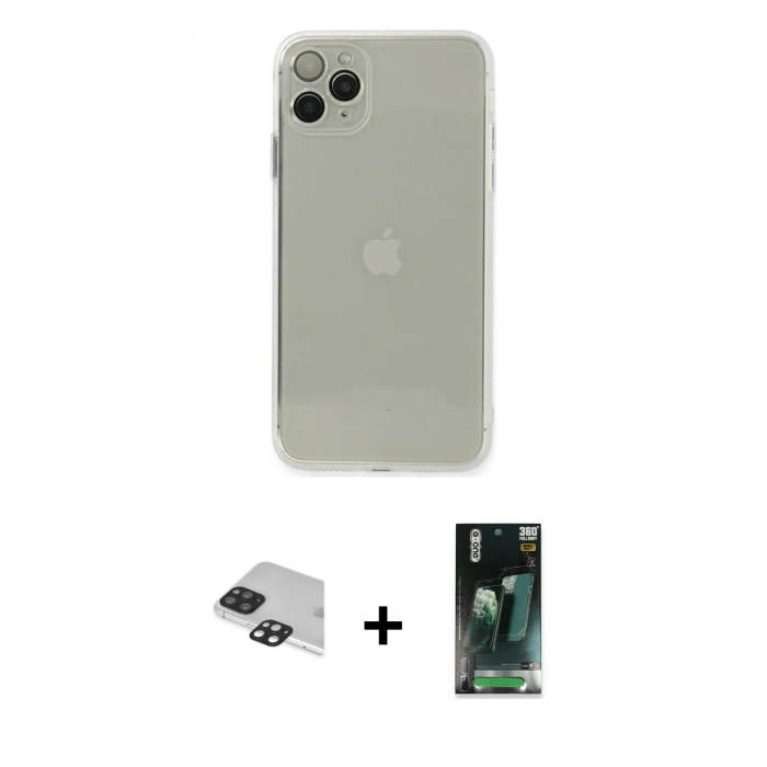 MARSİLYAN™- iPhone 11 Pro Max Kılıf Ahenk Doku - Şeffaf 360 Full Body Arka Koruyucu + Siyah Pers Alüminyum Kamera Lens