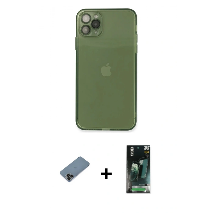 MARSİLYAN™- iPhone 11 Pro Max Kılıf Ahenk Doku - Şeffaf 360 Full Body Arka Koruyucu + Siyah Shine Kamera Lens Koruma Cam