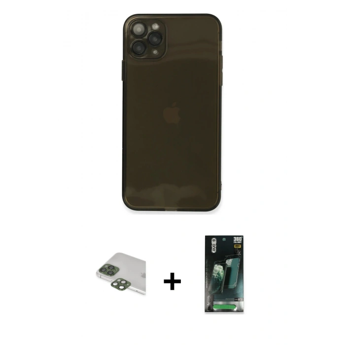 MARSİLYAN™- iPhone 11 Pro Max Kılıf Ahenk Doku - Şeffaf 360 Full Body Arka Koruyucu + Pers Alüminyum Kamera Lens - YL
