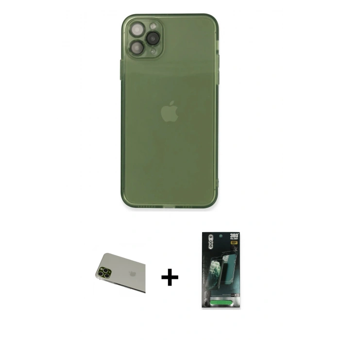 MARSİLYAN™- iPhone 11 Pro Max Kılıf Ahenk Doku - Şeffaf 360 Full Body Arka Koruyucu + Yeşil Rainbow Kamera Lens Koruma Cam