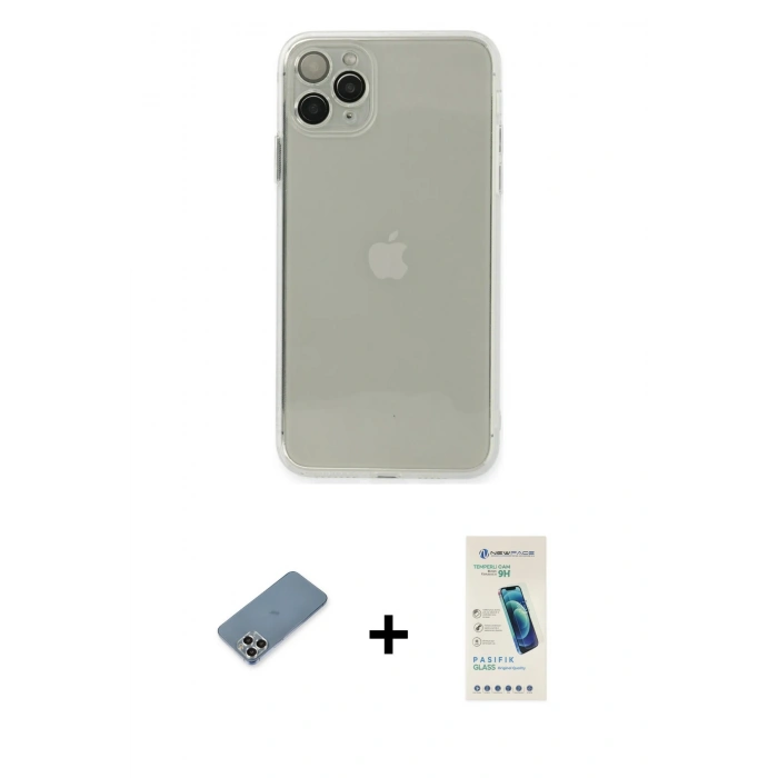 MARSİLYAN™- iPhone 11 Pro Max Kılıf Ahenk Doku - Şeffaf Pasifik Cam Ekran Koruyucu + Metal Kamera Lens Koruma Cam - GS