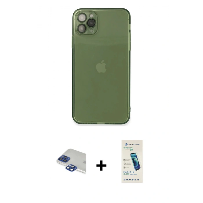 MARSİLYAN™- iPhone 11 Pro Max Kılıf Ahenk Doku - Şeffaf Pasifik Cam Ekran Koruyucu + Lacivert Pers Alüminyum Kamera Lens
