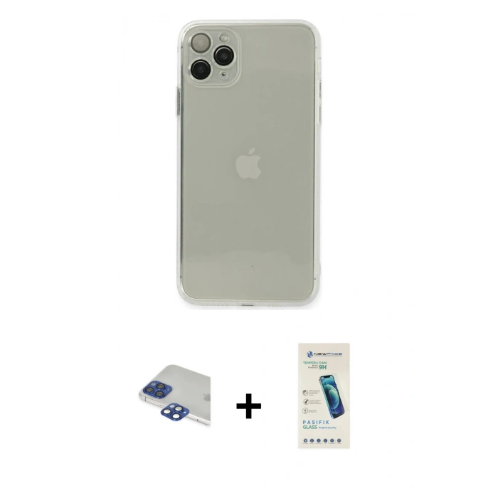 MARSİLYAN™- iPhone 11 Pro Max Kılıf Ahenk Doku - Şeffaf Pasifik Cam Ekran Koruyucu + Lacivert Pers Alüminyum Kamera Lens