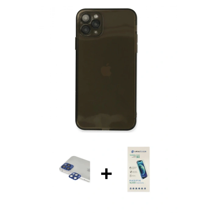 MARSİLYAN™- iPhone 11 Pro Max Kılıf Ahenk Doku - Şeffaf Pasifik Cam Ekran Koruyucu + Lacivert Pers Alüminyum Kamera Lens