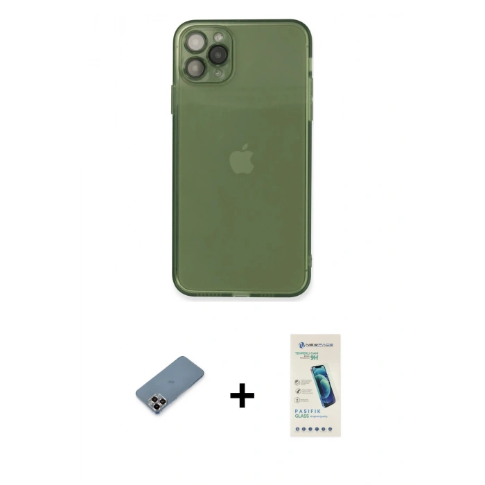 MARSİLYAN™- iPhone 11 Pro Max Kılıf Ahenk Doku - Şeffaf Pasifik Cam Ekran Koruyucu + Metal Kamera Lens Koruma Cam - MR