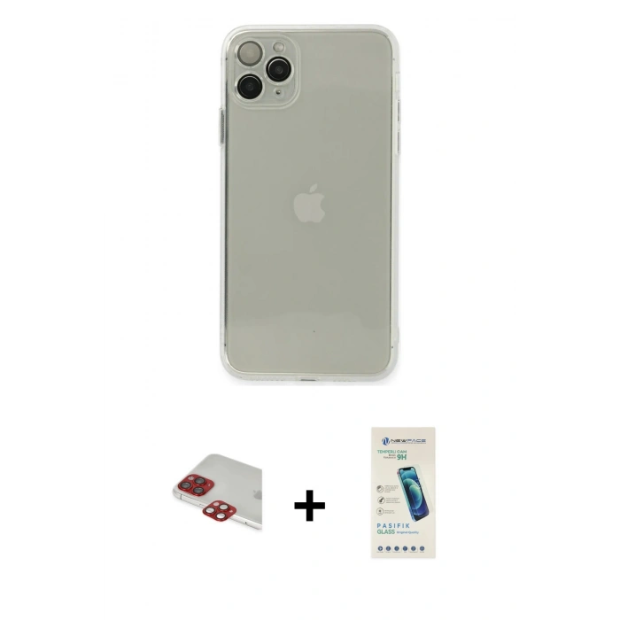MARSİLYAN™- iPhone 11 Pro Max Kılıf Ahenk Doku - Şeffaf Pasifik Cam Ekran Koruyucu + Pers Alüminyum Kamera Lens - KI