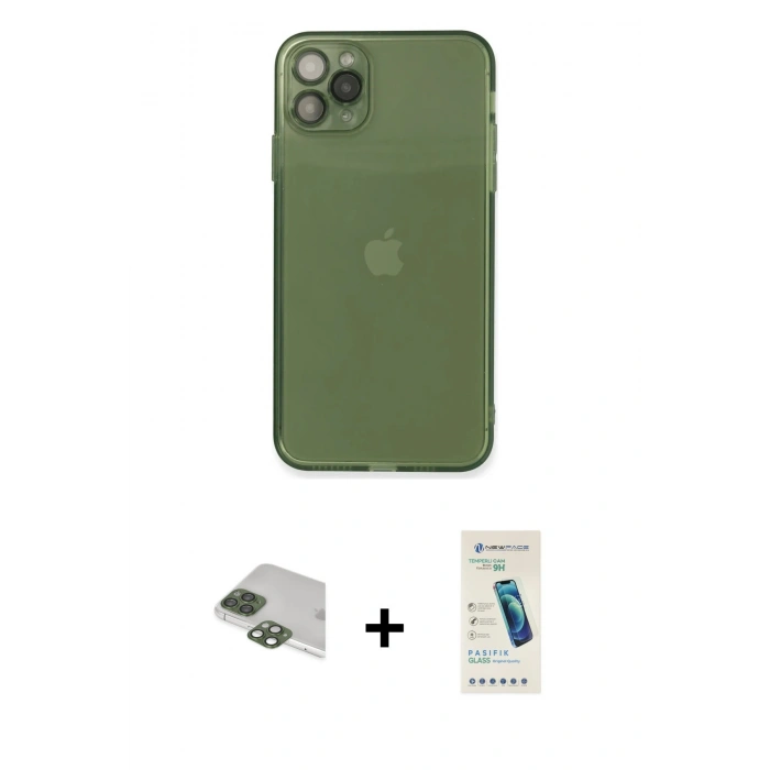MARSİLYAN™- iPhone 11 Pro Max Kılıf Ahenk Doku - Şeffaf Pasifik Cam Ekran Koruyucu + Pers Alüminyum Kamera Lens - YL