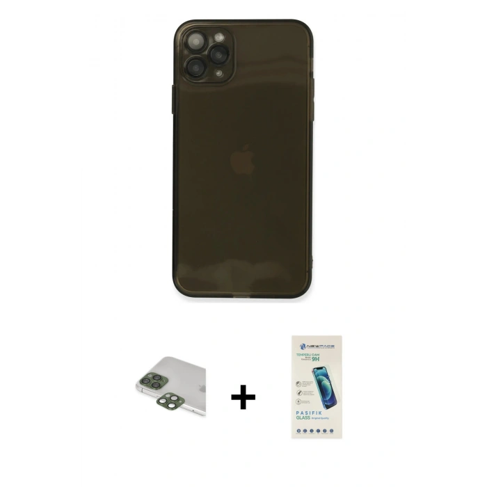 MARSİLYAN™- iPhone 11 Pro Max Kılıf Ahenk Doku - Şeffaf Pasifik Cam Ekran Koruyucu + Pers Alüminyum Kamera Lens - YL