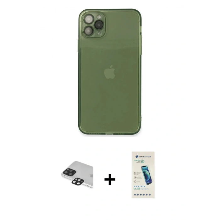 MARSİLYAN™- iPhone 11 Pro Max Kılıf Ahenk Doku - Şeffaf Pasifik Cam Ekran Koruyucu + Pers Alüminyum Kamera Lens - SH
