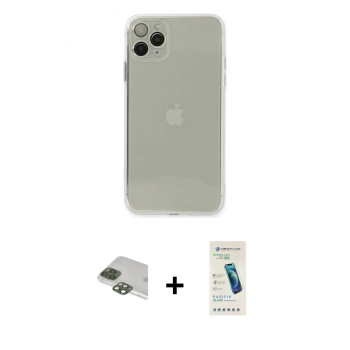 MARSİLYAN™- iPhone 11 Pro Max Kılıf Ahenk Doku - Şeffaf Pasifik Cam Ekran Koruyucu + Pers Alüminyum Kamera Lens - YL