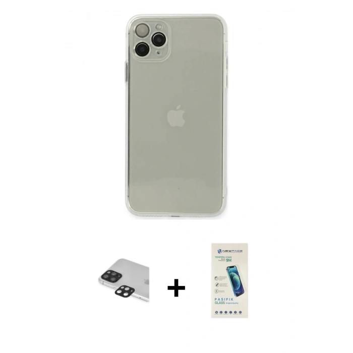 MARSİLYAN™- iPhone 11 Pro Max Kılıf Ahenk Doku - Şeffaf Pasifik Cam Ekran Koruyucu + Pers Alüminyum Kamera Lens - SH
