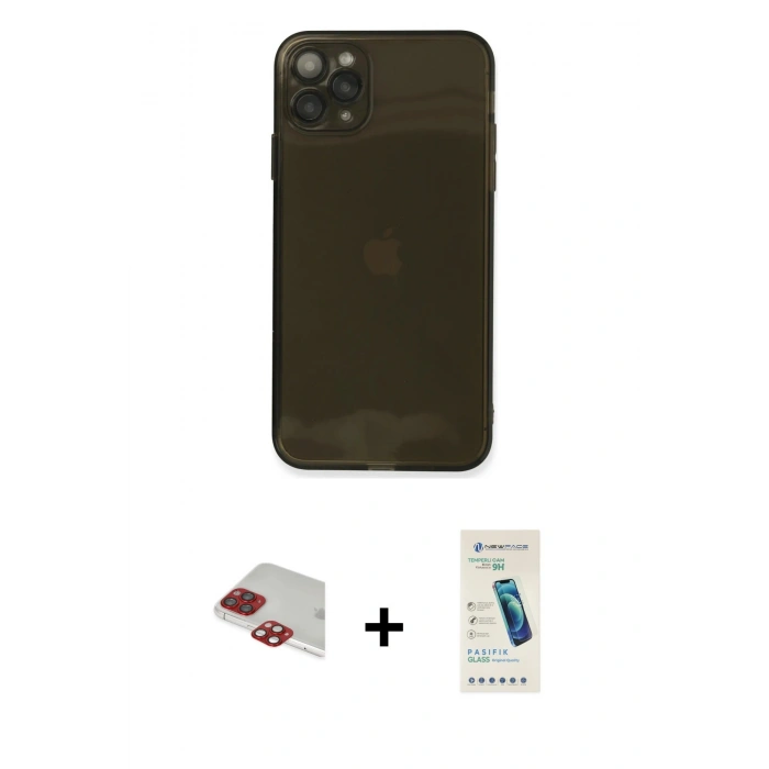 MARSİLYAN™- iPhone 11 Pro Max Kılıf Ahenk Doku - Şeffaf Pasifik Cam Ekran Koruyucu + Pers Alüminyum Kamera Lens - KI