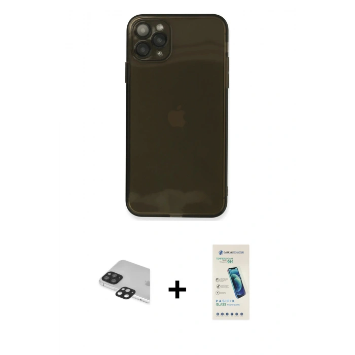 MARSİLYAN™- iPhone 11 Pro Max Kılıf Ahenk Doku - Şeffaf Pasifik Cam Ekran Koruyucu + Pers Alüminyum Kamera Lens - SH
