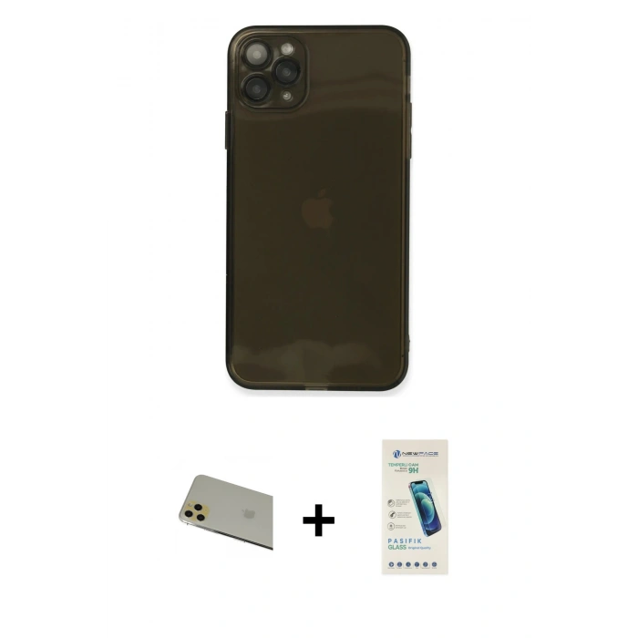 MARSİLYAN™- iPhone 11 Pro Max Kılıf Ahenk Doku - Şeffaf Pasifik Cam Ekran Koruyucu + Rainbow Kamera Lens Koruma Cam - GD