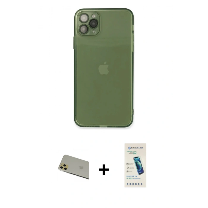 MARSİLYAN™- iPhone 11 Pro Max Kılıf Ahenk Doku - Şeffaf Pasifik Cam Ekran Koruyucu + Rainbow Kamera Lens Koruma Cam - GD