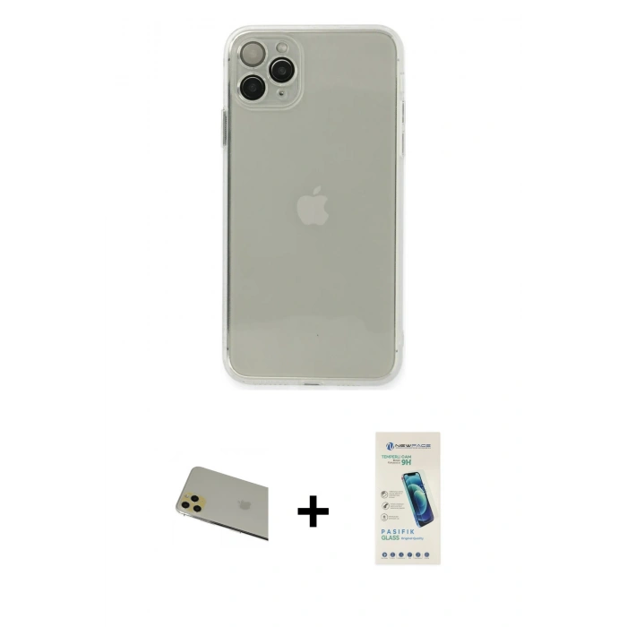 MARSİLYAN™- iPhone 11 Pro Max Kılıf Ahenk Doku - Şeffaf Pasifik Cam Ekran Koruyucu + Rainbow Kamera Lens Koruma Cam - GD