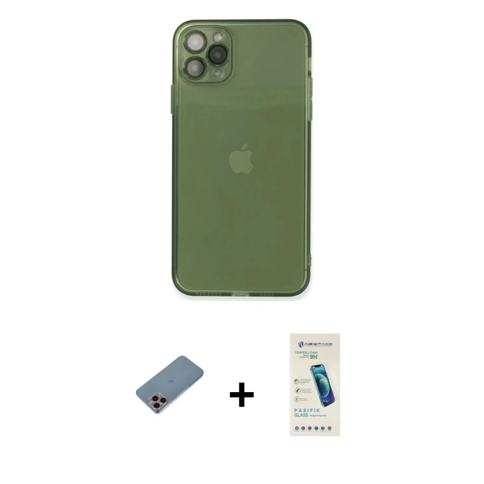 MARSİLYAN™- iPhone 11 Pro Max Kılıf Ahenk Doku - Şeffaf Pasifik Cam Ekran Koruyucu + Shine Kamera Lens Koruma Cam - PE