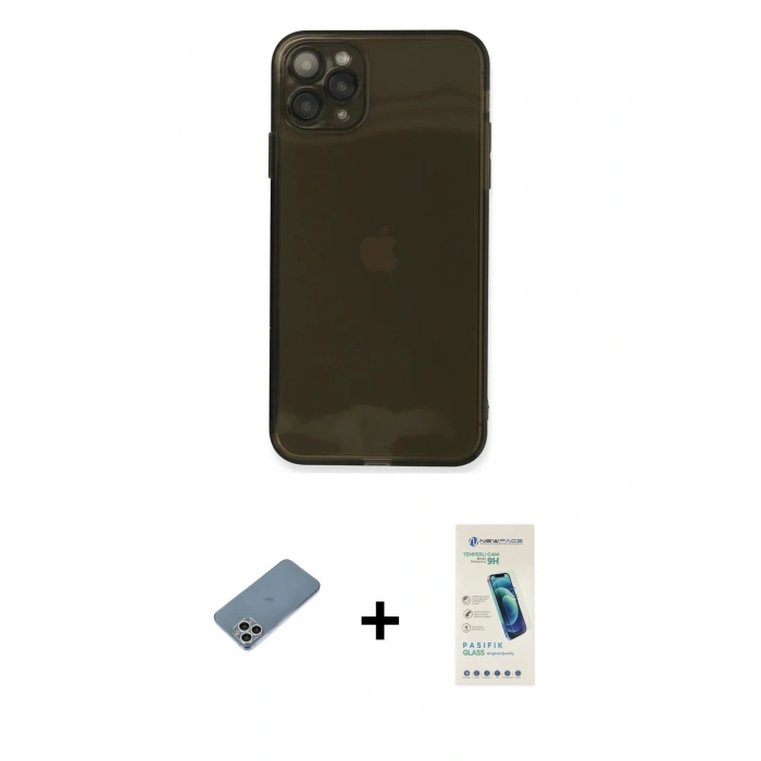 MARSİLYAN™- iPhone 11 Pro Max Kılıf Ahenk Doku - Şeffaf Pasifik Cam Ekran Koruyucu + Shine Kamera Lens Koruma Cam - GS