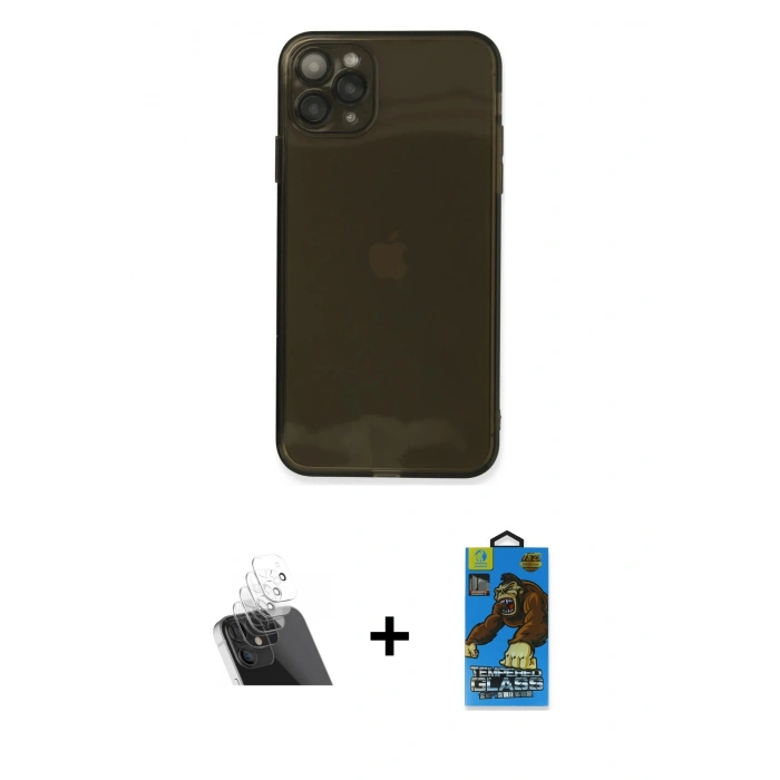MARSİLYAN™- iPhone 11 Pro Max Kılıf Ahenk Doku - Siyah 18D Cam Ekran Koruyucu + Kamera Lens Koruma Cam - SF