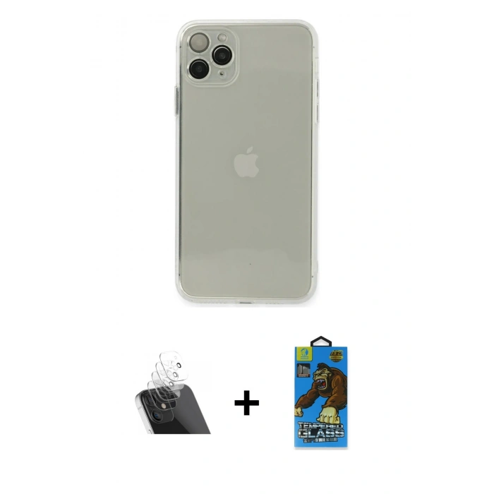 MARSİLYAN™- iPhone 11 Pro Max Kılıf Ahenk Doku - Siyah 18D Cam Ekran Koruyucu + Kamera Lens Koruma Cam - SF