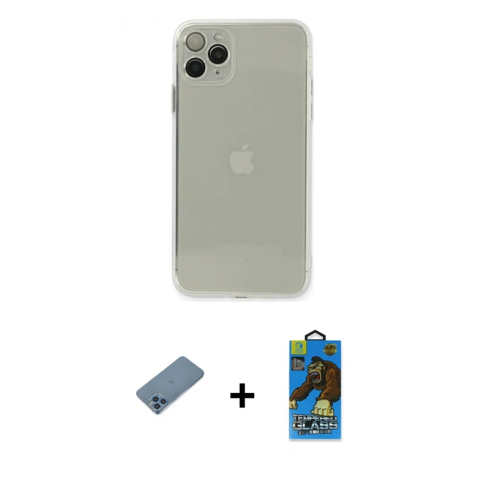 MARSİLYAN™- iPhone 11 Pro Max Kılıf Ahenk Doku - Siyah 18D Cam Ekran Koruyucu + Shine Kamera Lens Koruma Cam - MI