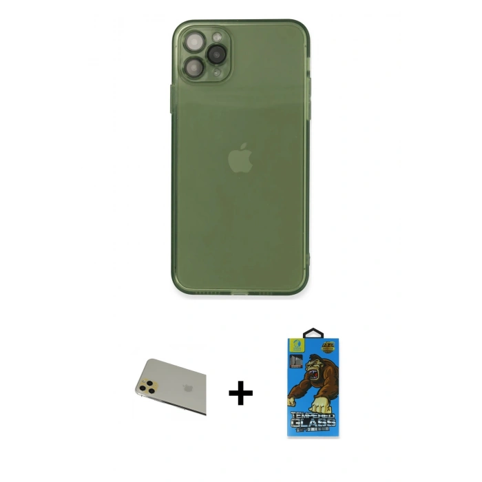 MARSİLYAN™- iPhone 11 Pro Max Kılıf Ahenk Doku - Siyah 18D Cam Ekran Koruyucu + Rainbow Kamera Lens Koruma Cam - GD