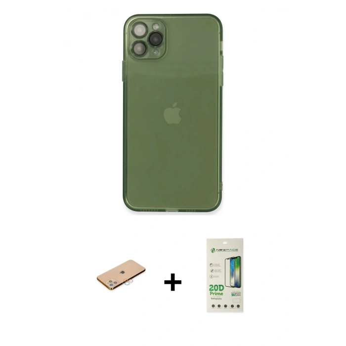 MARSİLYAN™- iPhone 11 Pro Max Kılıf Ahenk Doku - Siyah 20D Premium Cam Ekran Koruyucu + Pembe Renkli Kamera Lens Koruma Cam
