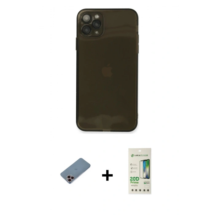 MARSİLYAN™- iPhone 11 Pro Max Kılıf Ahenk Doku - Siyah 20D Premium Cam Ekran Koruyucu + Pembe Shine Kamera Lens Koruma Cam