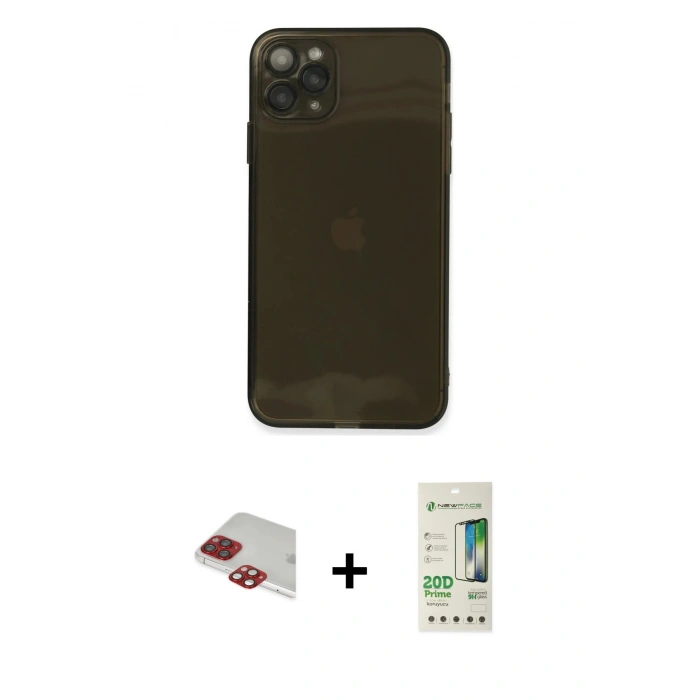MARSİLYAN™- iPhone 11 Pro Max Kılıf Ahenk Doku - Siyah 20D Premium Cam Ekran Koruyucu + Pers Alüminyum Kamera Lens - KI