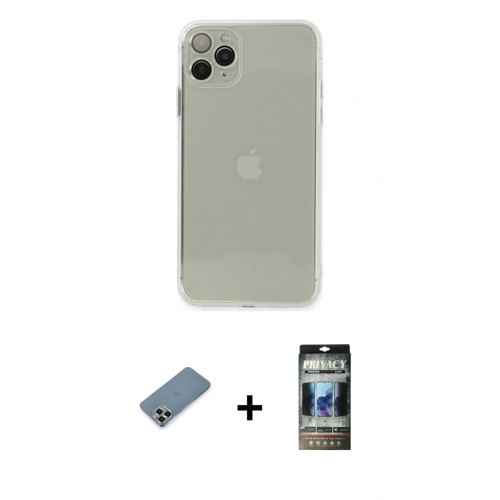 MARSİLYAN™- iPhone 11 Pro Max Kılıf Ahenk Doku - Siyah 34D Hayalet Izgaralı Cam + Metal Kamera Lens Koruma Cam - GD