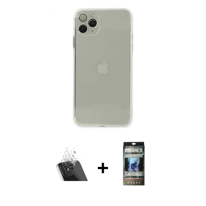 MARSİLYAN™- iPhone 11 Pro Max Kılıf Ahenk Doku - Siyah 34D Hayalet Izgaralı Cam + Kamera Lens Koruma Cam - SF