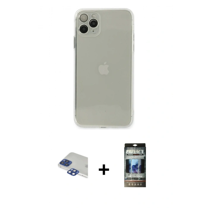 MARSİLYAN™- iPhone 11 Pro Max Kılıf Ahenk Doku - Siyah 34D Hayalet Izgaralı Cam + Pers Alüminyum Kamera Lens - LT