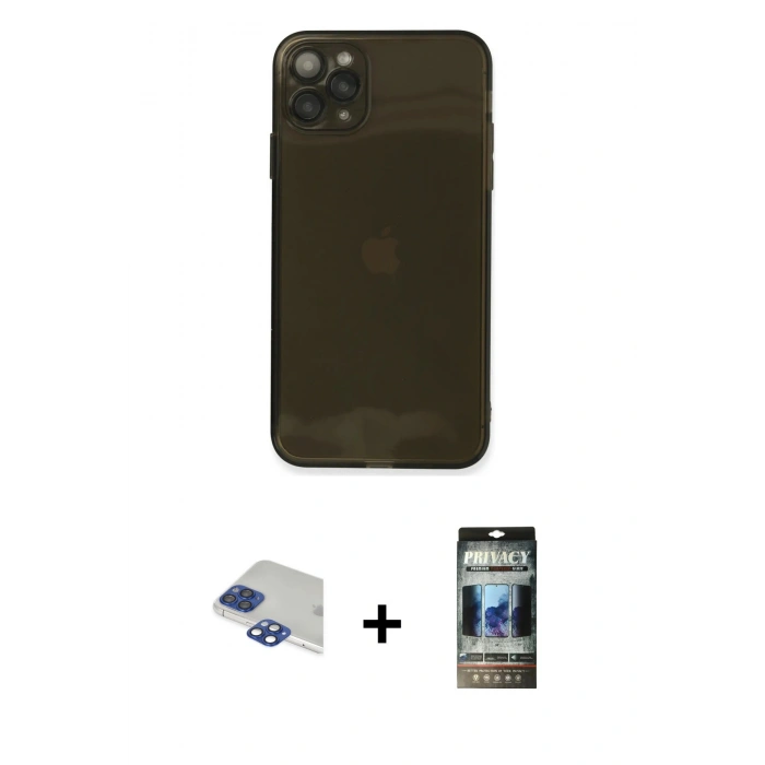 MARSİLYAN™- iPhone 11 Pro Max Kılıf Ahenk Doku - Siyah 34D Hayalet Izgaralı Cam + Pers Alüminyum Kamera Lens - LT