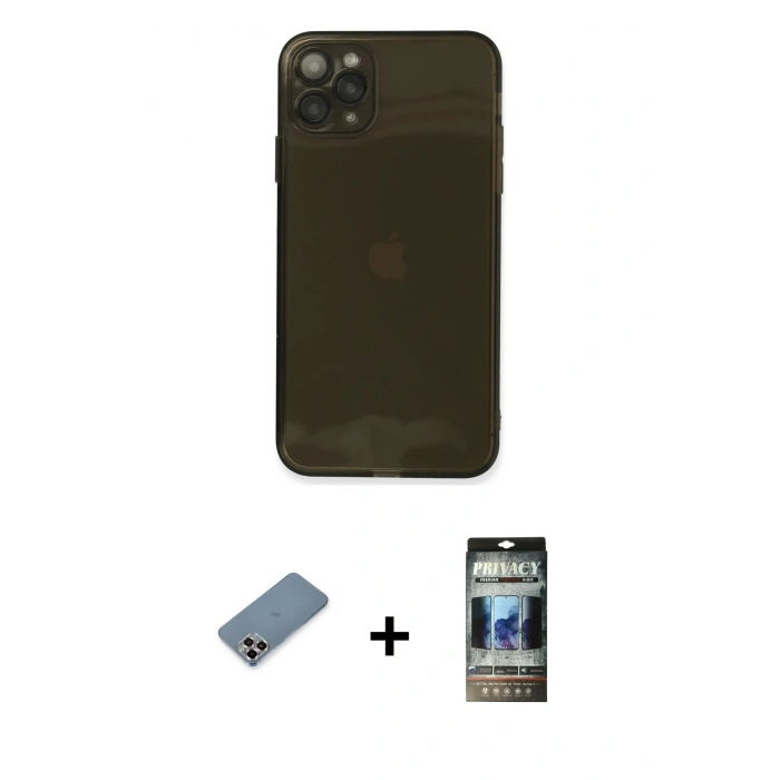 MARSİLYAN™- iPhone 11 Pro Max Kılıf Ahenk Doku - Siyah 34D Hayalet Izgaralı Cam + Metal Kamera Lens Koruma Cam - MR