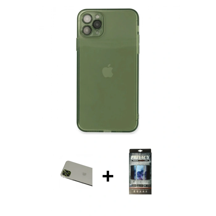 MARSİLYAN™- iPhone 11 Pro Max Kılıf Ahenk Doku - Siyah 34D Hayalet Izgaralı Cam + Rainbow Kamera Lens Koruma Cam - YL